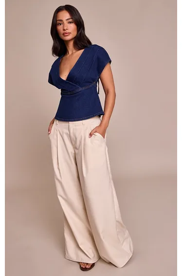 Petite Indigo Denim Peplum V neck Top