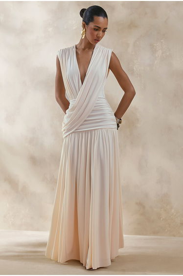 Glorina | Cream Plunge-Neck Maxi Dress With Draped-Detailing