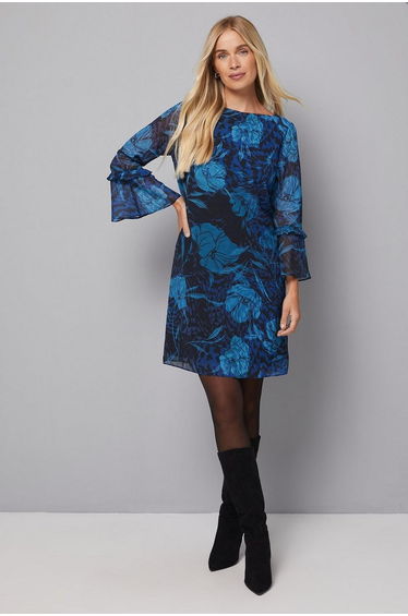 Petite Chiffron Ruffle Sleeve Shift Dress