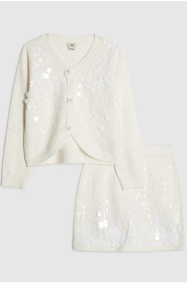 Girls Cream Sequin Cardigan And Skirt Set