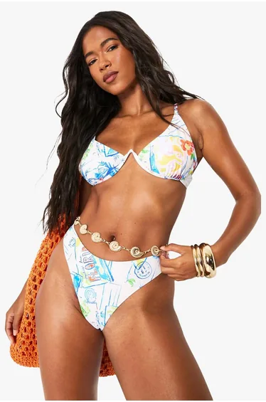 Postcard Print Underwire Bikini - multi