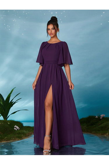 Leely Elegant Round Neck Flounce Sleeve Party Dress