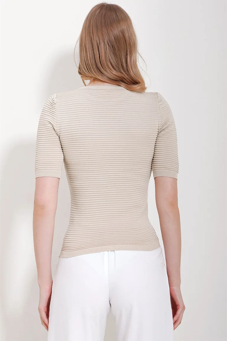 Women's Beige Crew Neck Ribbed Openwork Half Sleeve Knitwear Blouse - 4