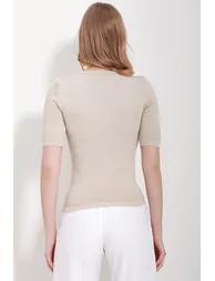 Women's Beige Crew Neck Ribbed Openwork Half Sleeve Knitwear Blouse - 4