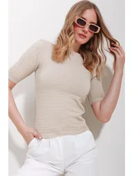 Women's Beige Crew Neck Ribbed Openwork Half Sleeve Knitwear Blouse - 1