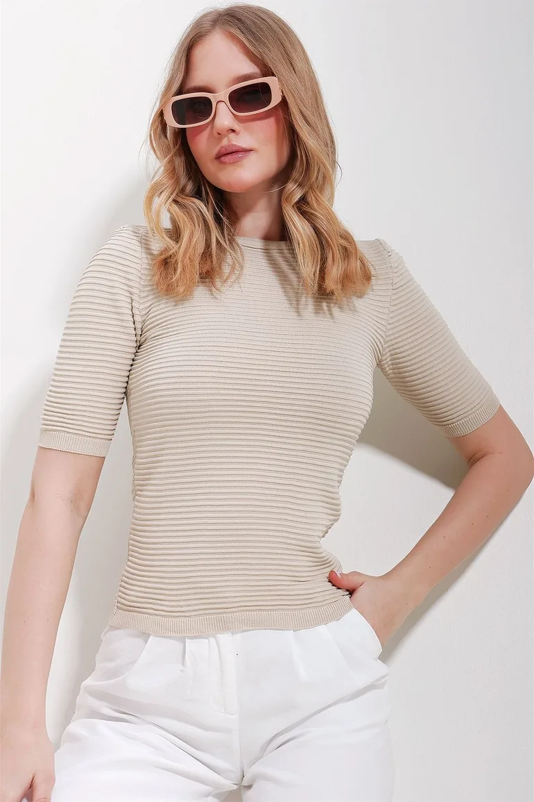 Women's Beige Crew Neck Ribbed Openwork Half Sleeve Knitwear Blouse