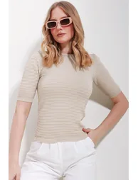 Women's Beige Crew Neck Ribbed Openwork Half Sleeve Knitwear Blouse