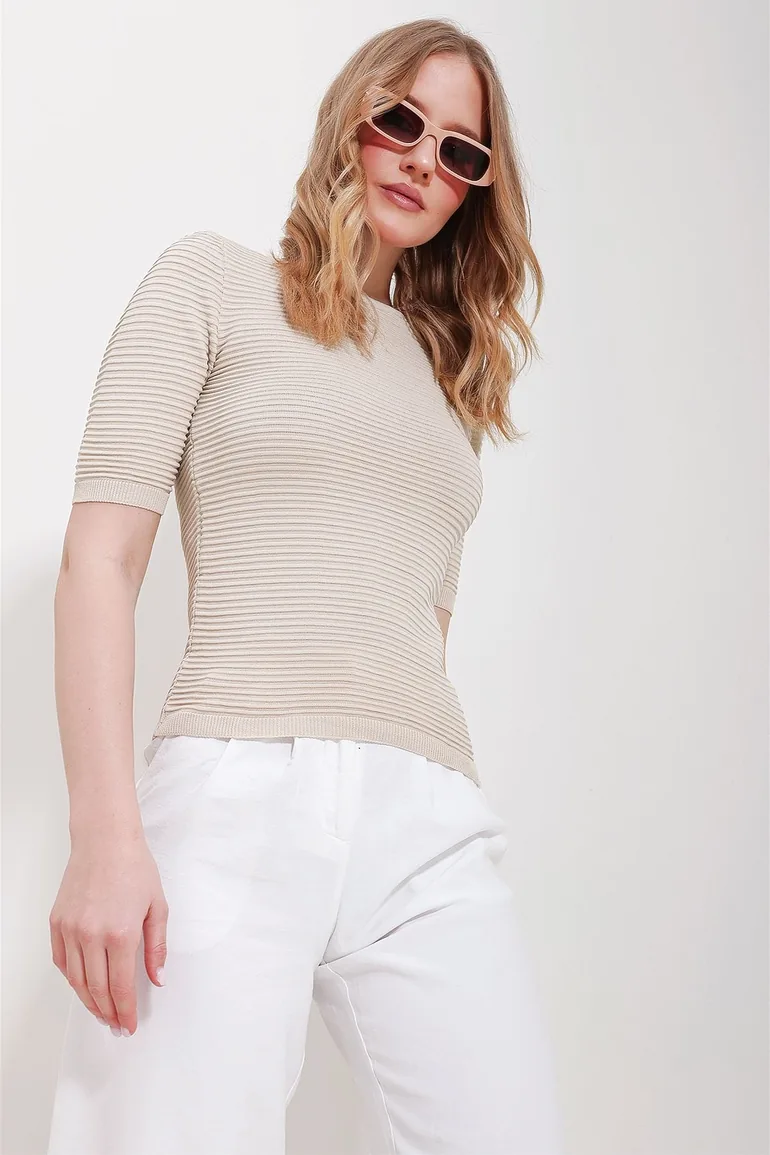 Women's Beige Crew Neck Ribbed Openwork Half Sleeve Knitwear Blouse - 3