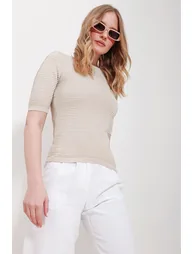 Women's Beige Crew Neck Ribbed Openwork Half Sleeve Knitwear Blouse - 3