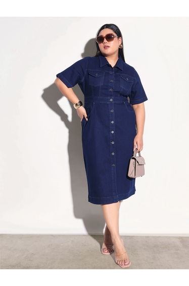 Plus Size Front Button Denim Shirt Midi Dress