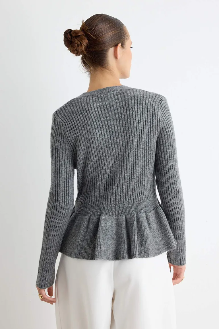 Anthracite Soft Textured V-Neck Waist-Fitted Peplum Knitwear Cardigan - 3