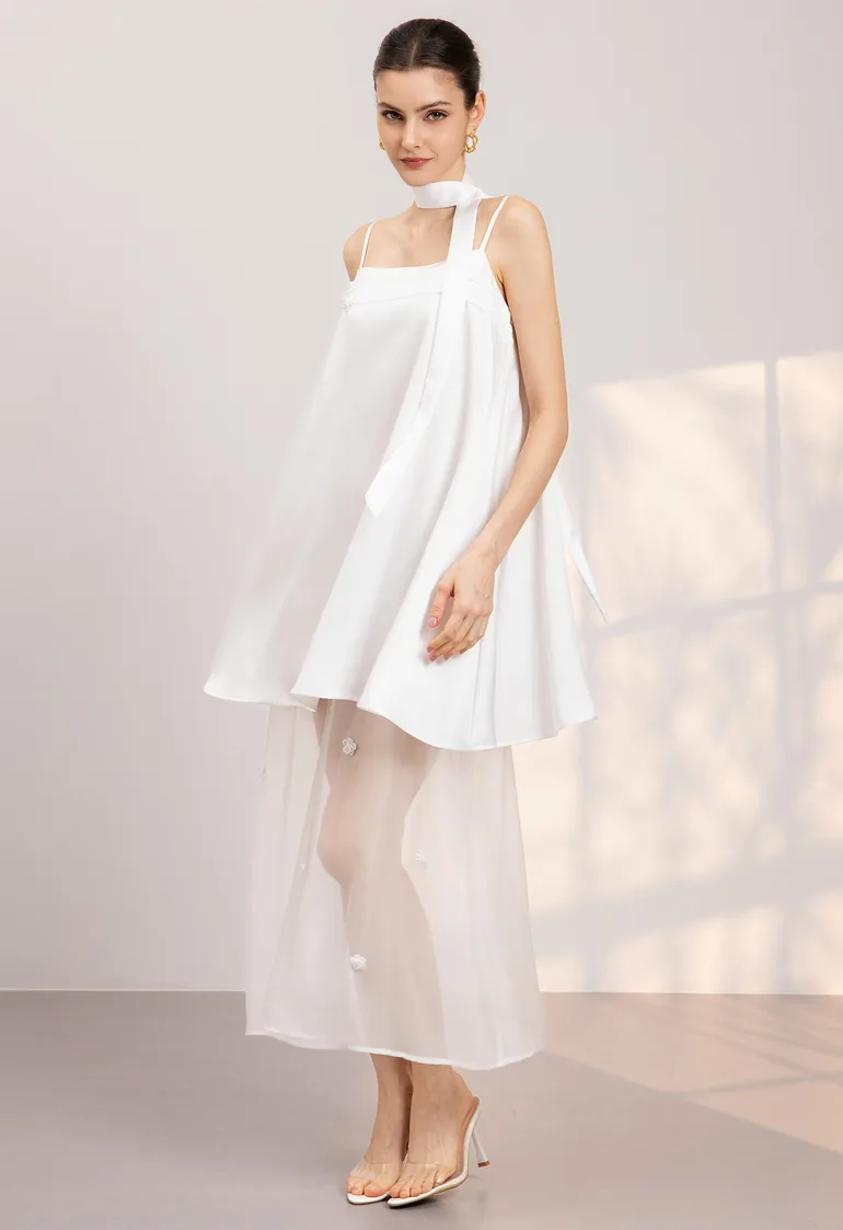 Beaded Floral Satin Organza Layer Cami Dress in White for Gallery Openings & Brand Events