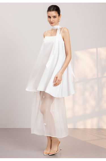Beaded Floral Satin Organza Layer Cami Dress in White for Gallery Openings & Brand Events