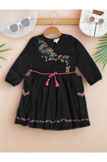 Floral Embroidered Wrap Knee-Length Dress