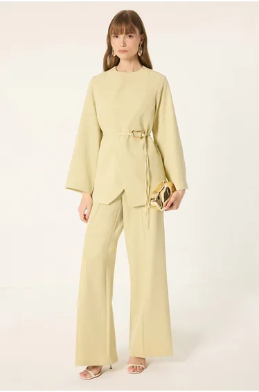 ASYMMETRIC BELT DETAIL JACKET & PANTS SET