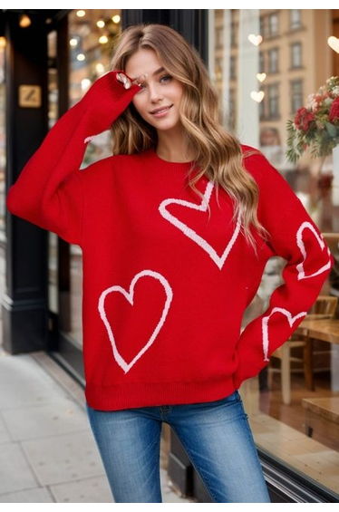 Heart Doodles Crew Neck Knit Sweater in Red