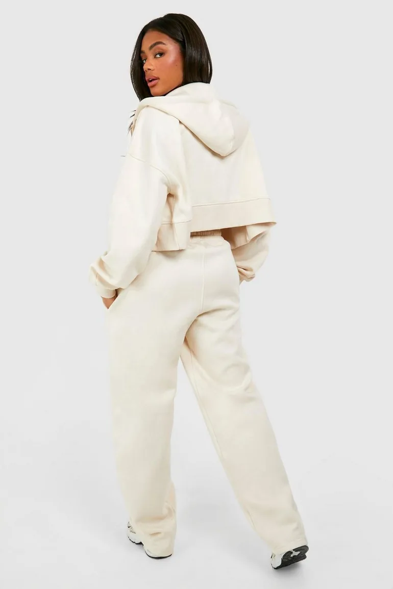 Deep Hem Crop Top 3 Piece Hooded Tracksuit - stone - 1