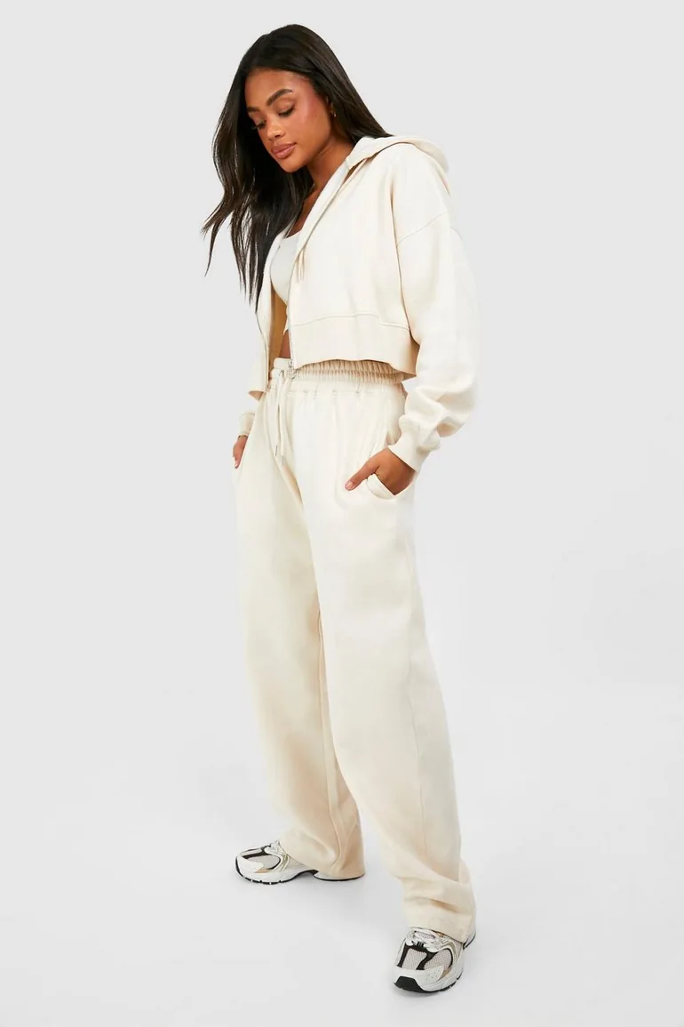 Deep Hem Crop Top 3 Piece Hooded Tracksuit - stone - 2