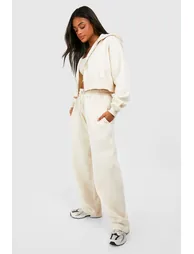 Deep Hem Crop Top 3 Piece Hooded Tracksuit - stone - 2