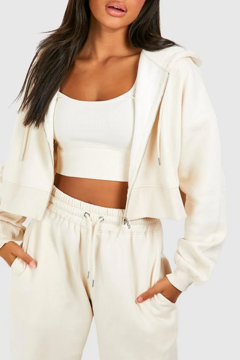 Deep Hem Crop Top 3 Piece Hooded Tracksuit - stone - 3