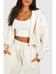 Deep Hem Crop Top 3 Piece Hooded Tracksuit - stone - 3