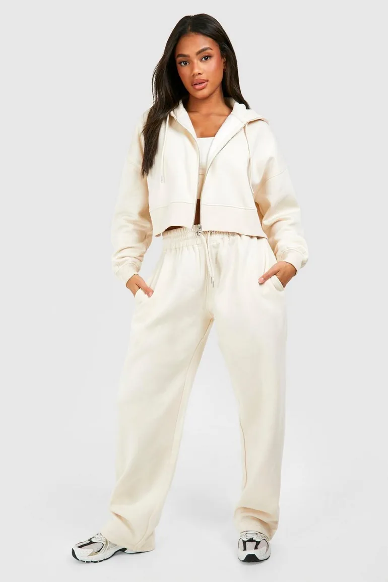 Deep Hem Crop Top 3 Piece Hooded Tracksuit - stone