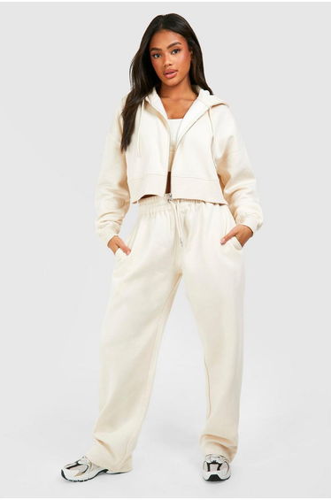 Deep Hem Crop Top 3 Piece Hooded Tracksuit - stone