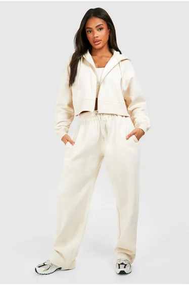 Deep Hem Crop Top 3 Piece Hooded Tracksuit - stone