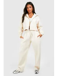 Deep Hem Crop Top 3 Piece Hooded Tracksuit - stone