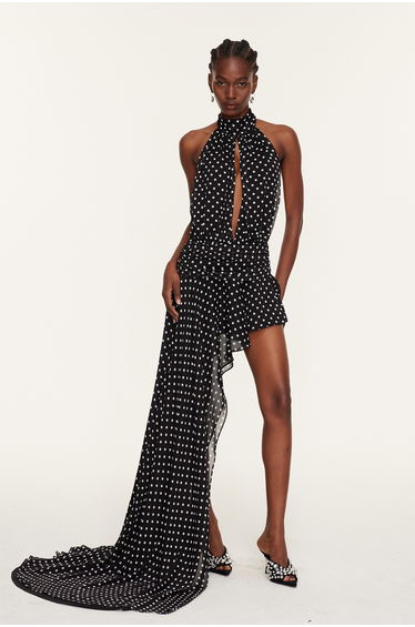 Dumuzi Halter Neck Asymmetric Dot Maxi Dress