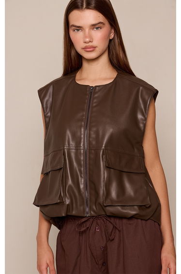 Dark Chocolate Pocket Detail Faux Leather Gilet