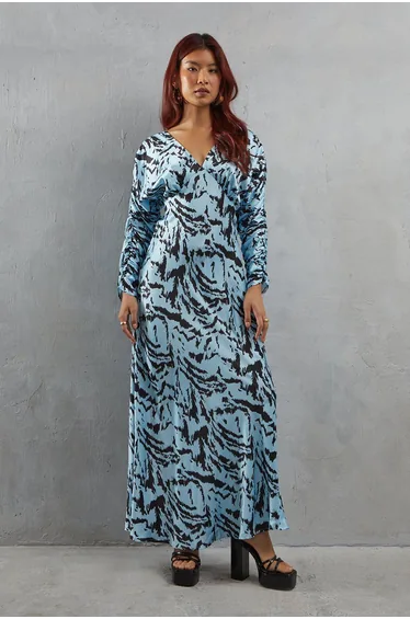 Zebra Satin Batwing Bias Midi Dress