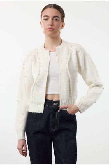 Ecru Soft Textured Zippered Stone Embroidered Coat-Look Knitwear Cardigan