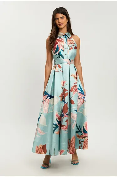 Petite Lilly Print Twill Collared Maxi Dress