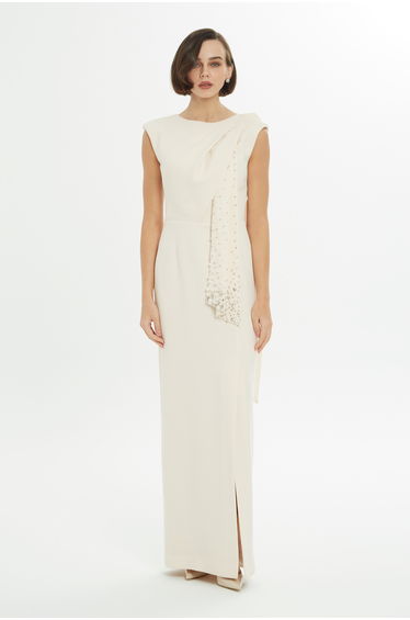 Side Slit Stone Embroidered Long Beige Dress