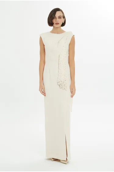 Side Slit Stone Embroidered Long Beige Dress