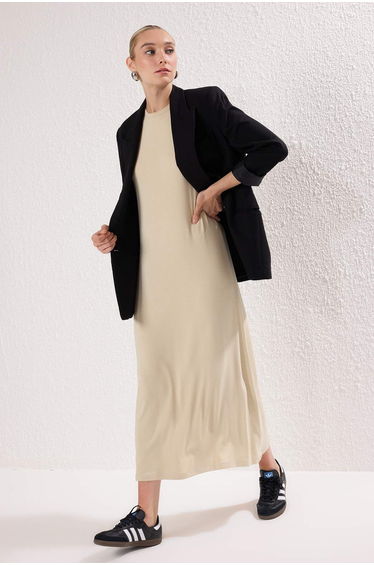 Beige Unlined Plain Knitted Interlock Hijab Dress