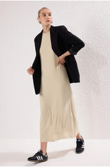 Beige Unlined Plain Knitted Interlock Hijab Dress