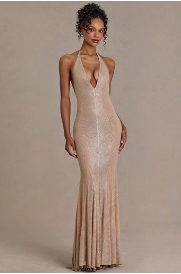 Premium Embellished Plunge-Neck Open-Back Gown in Beige Gold