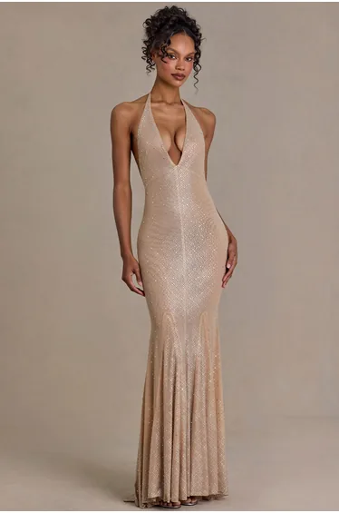 Premium Embellished Plunge-Neck Open-Back Gown in Beige Gold