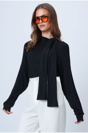 Women's Black Shawl Detailed Regular Fit Modal Fabric Blouse