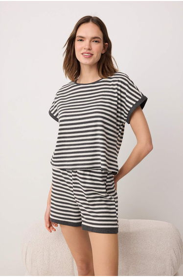 Gray Melange Printed Bürümcük Knitted Pajama Set