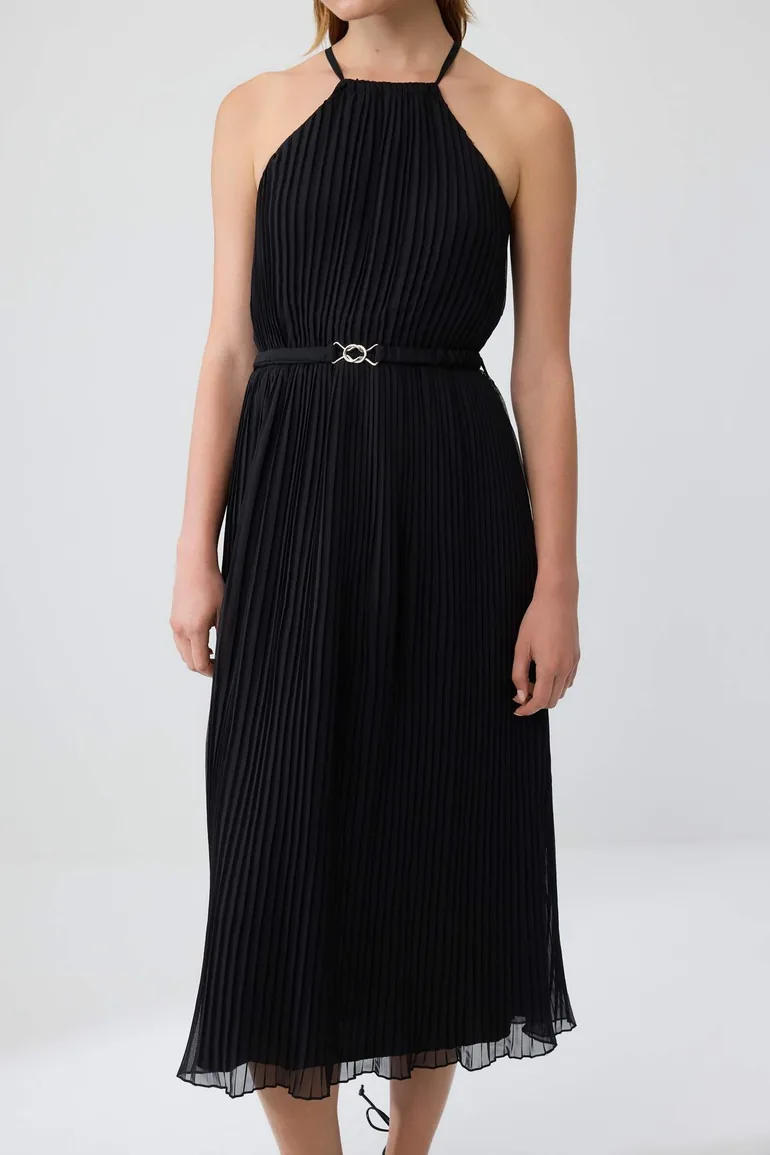 Black Belted Straight Skirt with Pleated Waist Maxi Woven Dress - 2