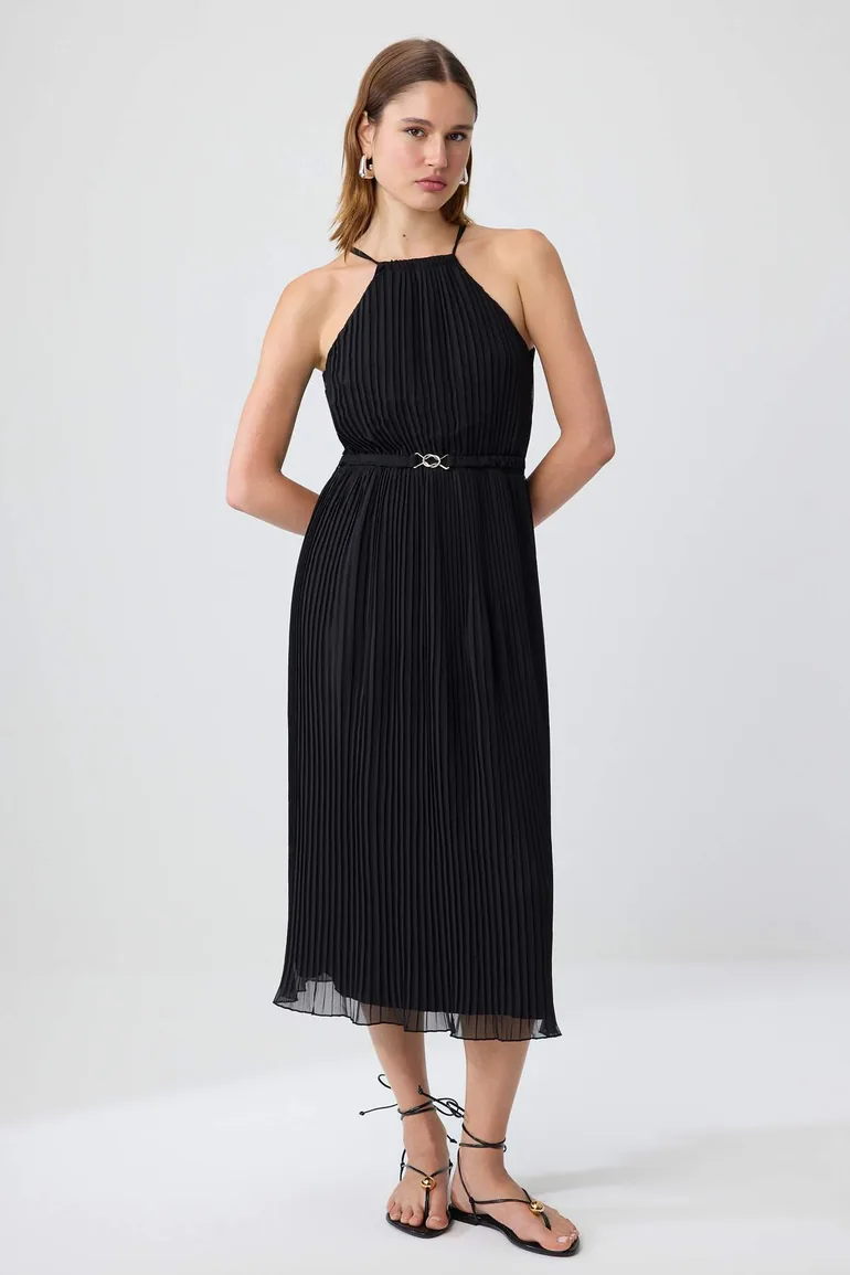Black Belted Straight Skirt with Pleated Waist Maxi Woven Dress