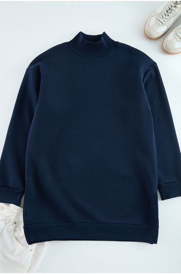 Navy Blue Stand Collar Slit Detailed Polar Fleece Oversize Knitted Sweatshirt v
