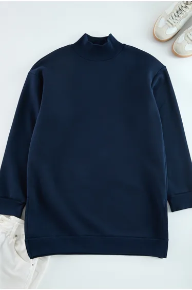 Navy Blue Stand Collar Slit Detailed Polar Fleece Oversize Knitted Sweatshirt v