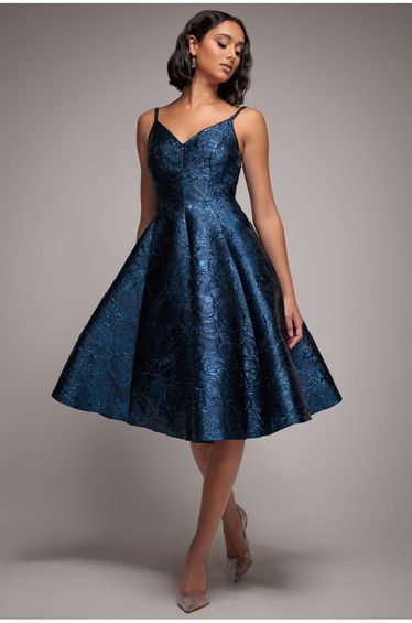 Jacquard Sleeveless A-line Midi Dress - Navy Blue by Goddiva