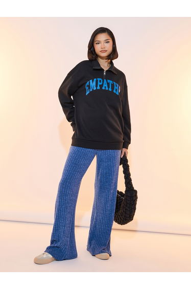 Slogan Print Drop Shoulder Half-Zipper Sweatshirt