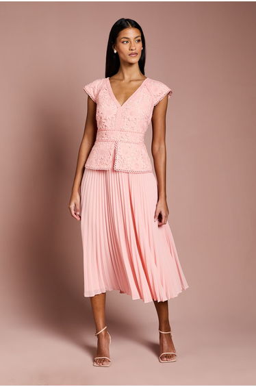 Petite V Neck Lace Bodice Peplum Midi Dress