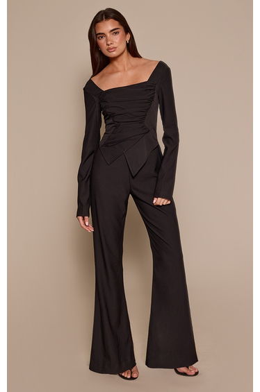 Black Long Sleeve Square Neck Ruched Jumpsuit